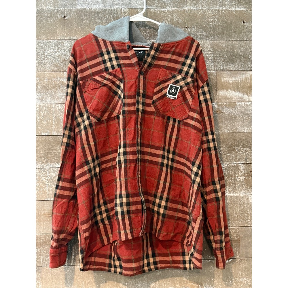Active Hooded Flannel Mens Large Red Plaid Shirt